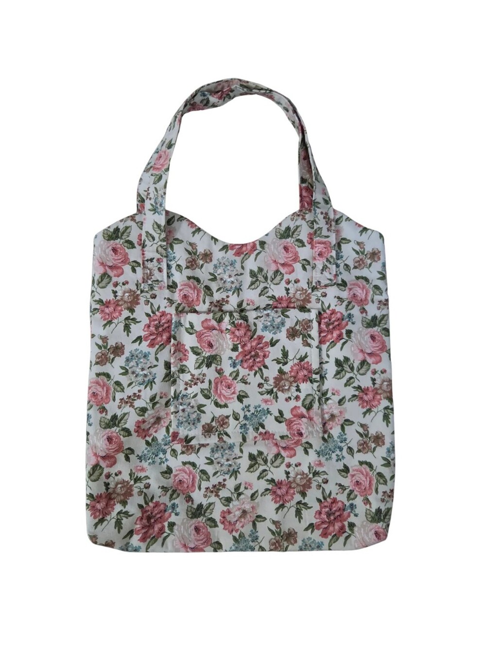 Cottagecore Floral Fabric Tote Bag White Pink Magnet Closure Pocket Whimsy Fairy